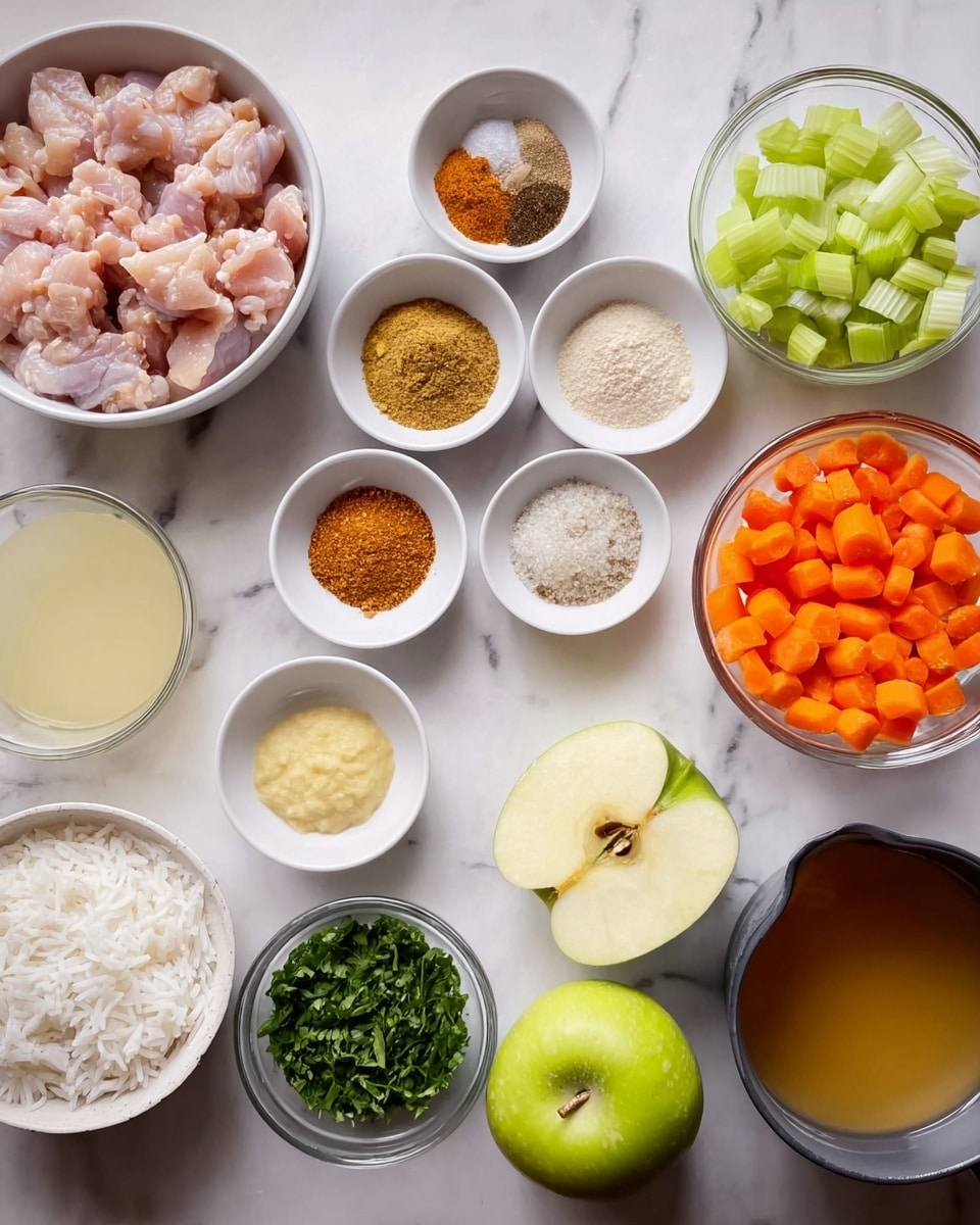 The image shows a top view of various ingredients neatly arranged on a white marbled surface. There is a white bowl filled with small pieces of raw chicken on the bottom left. Next to it, a few small white bowls hold different spices: one with a mix of brown, white, and red powders, another with a blend of yellow and brown spices, and a small bowl with chopped green herbs. To the right, a small white dish contains a pale yellow paste. Chopped vegetables including orange carrots, green celery, and white onions sit in a clear glass bowl, with chopped green onions in another small white bowl nearby. A small white bowl of white rice and a pale green apple are placed towards the bottom center. A white cup with a white liquid and a glass container of light brown broth complete the arrangement. Photo taken with an iphone --ar 4:5 --v 7