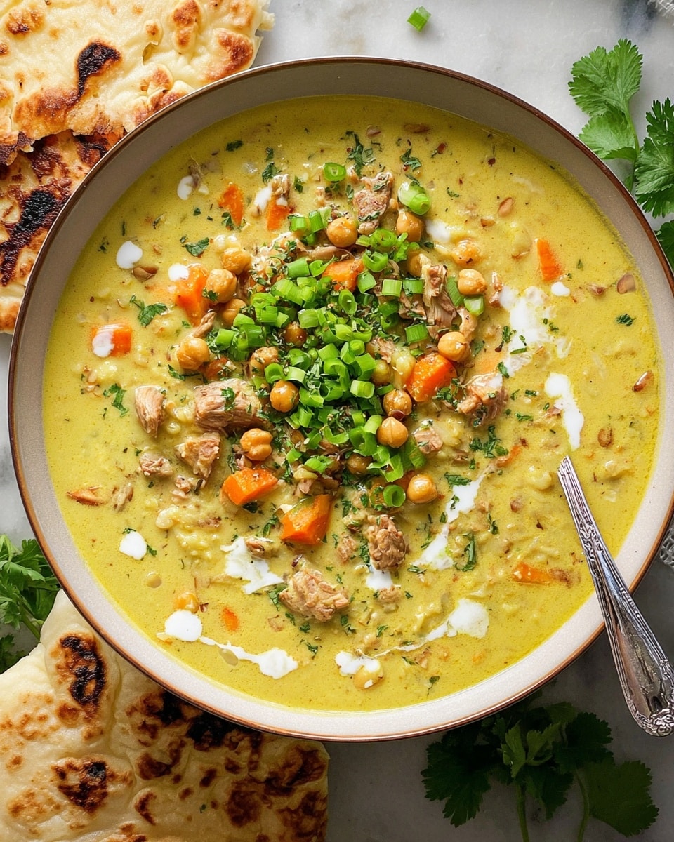 A close-up view of a creamy yellow soup served in a round white bowl filled almost to the top, showing chunks of orange carrots, small pieces of tender light brown meat, and grains of rice throughout the thick soup base. On top, there are green sliced scallions spread across the center, sprinkled with bright green chopped cilantro, and round golden toasted chickpeas adding a crunchy texture. A small swirl of white cream is visible near the garnish. A silver spoon rests inside the bowl along the edge. To the left side of the image, two pieces of white naan bread with golden brown toasted spots sit on the white marbled surface, scattered with fresh cilantro leaves around the bowl. photo taken with an iphone --ar 4:5 --v 7