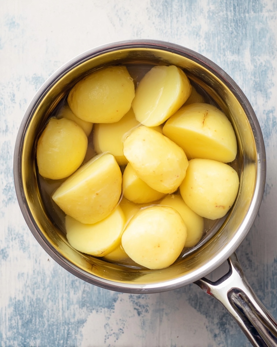 A shiny steel pot filled with large pieces of light yellow peeled potatoes submerged in clear water is set on a white marbled surface. The potatoes have smooth and rounded edges, with some pieces showing a bit of uneven shape, all closely packed inside the pot. The pot handle extends to the right with a wide hole near the end, and the metal reflects the soft light. The background shows a white marbled texture under the pot. Photo taken with an iphone --ar 4:5 --v 7
