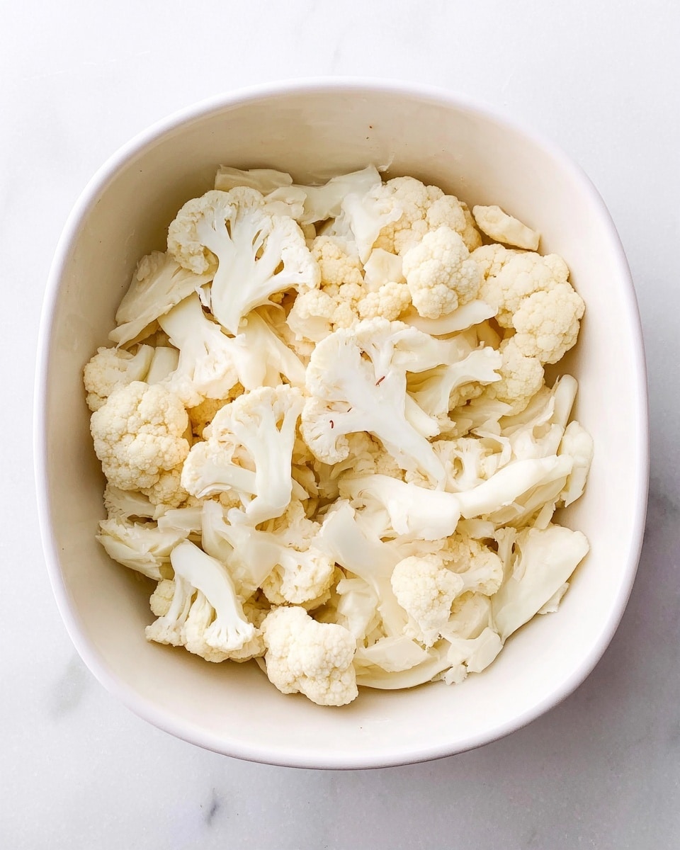 A white dish filled with many pieces of raw cauliflower cut into small florets and thin slices, all spread evenly to cover the bottom of the dish. The cauliflower pieces are mostly pale white with slight cream tones and show smooth, natural textures on the flat and curved surfaces. The dish sits on a white marbled surface that gives a clean, fresh look to the scene. photo taken with an iphone --ar 4:5 --v 7
