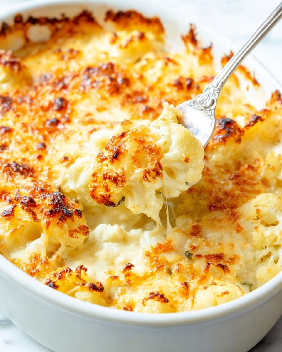 The image shows a white round baking dish filled with baked cauliflower topped with a golden brown melted cheese layer. The top layer is crispy and bubbly, with some darker toasted spots around the edges. Underneath the cheese is a creamy light yellow layer with soft cauliflower florets visible. A silver fork is digging into the dish, lifting some cauliflower with melted cheese. The background is a white marbled surface. photo taken with an iphone --ar 4:5 --v 7