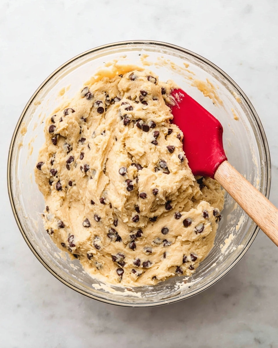 A clear glass bowl filled with light yellow, thick cookie dough mixed with plenty of small dark chocolate chips evenly spread throughout. A red spatula with a wooden handle is partially dipped inside the dough, resting on the right side of the bowl. The bowl is placed on a white marbled surface, and the texture of the dough looks creamy and dense with some air bubbles visible. photo taken with an iphone --ar 4:5 --v 7