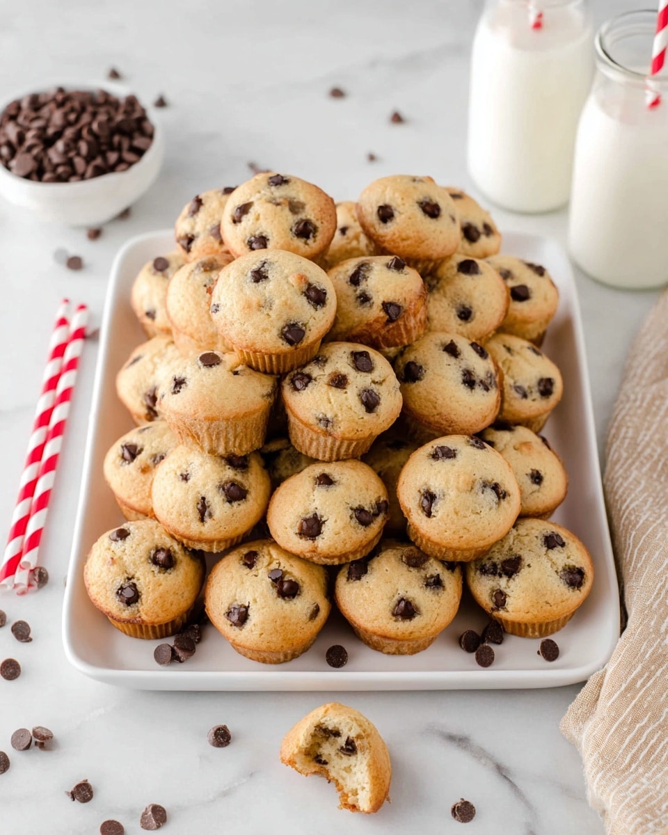 A white square tray filled with many small, round chocolate chip muffins stacked closely together, each muffin light golden in color with scattered dark chocolate chips on top. The muffins look soft with slightly rounded tops. One muffin is placed near the tray, broken in half to show a soft inside with chocolate chips. Small chocolate chips are also scattered around the tray on a white marbled surface. Around the tray, there are two glass milk bottles with red and white striped straws, and beige fabric on the right side. photo taken with an iphone --ar 4:5 --v 7
