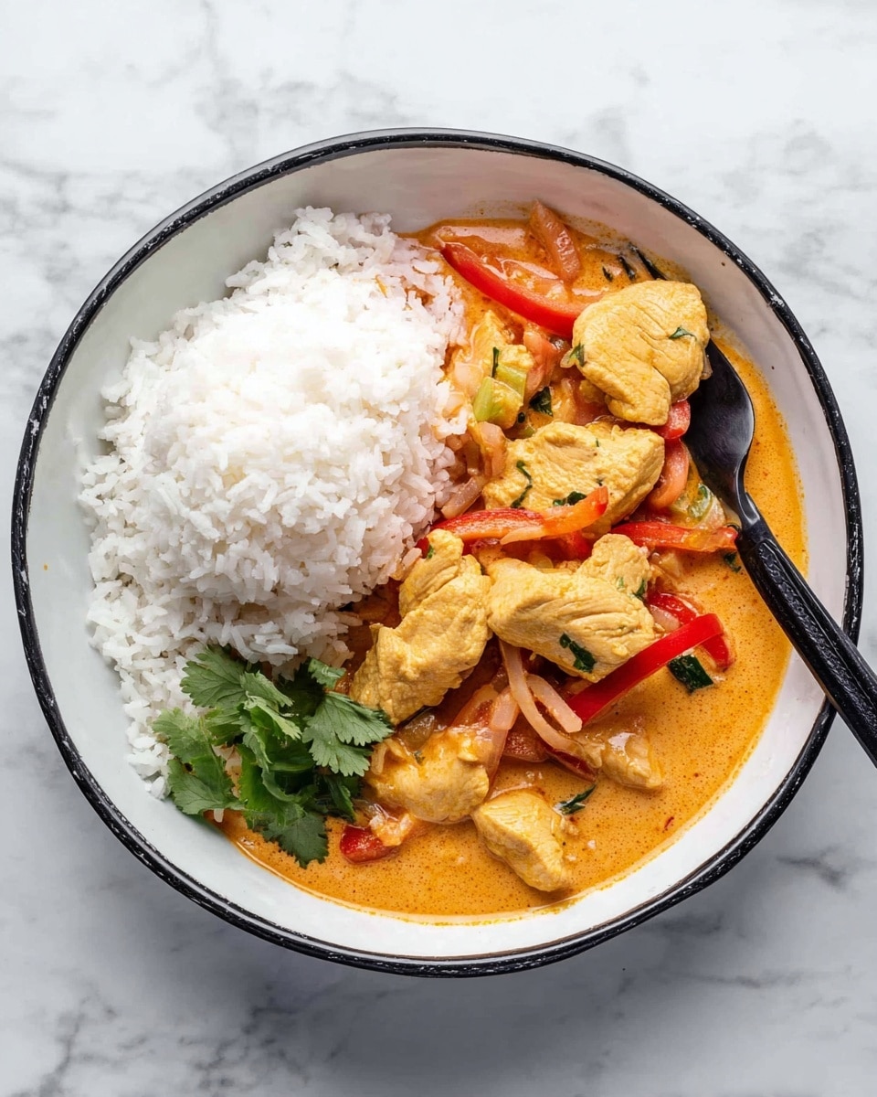 Thai Chicken Curry with Coconut Milk Recipe 5 The image shows a white bowl with a black rim filled with two main parts. On the left side, there is a mound of white rice, fluffy with soft texture. On the right side, a rich, creamy orange curry sauce covers several pieces of cooked chicken, which are light golden with smooth surfaces. Mixed inside the sauce are thin slices of red bell pepper and green onions, adding touches of red and green. There is a small sprig of fresh green cilantro placed near the middle. A black fork rests inside the bowl on the right side, with its handle pointing downward. The bowl sits on a white marbled surface. Photo taken with an iphone --ar 4:5 --v 7