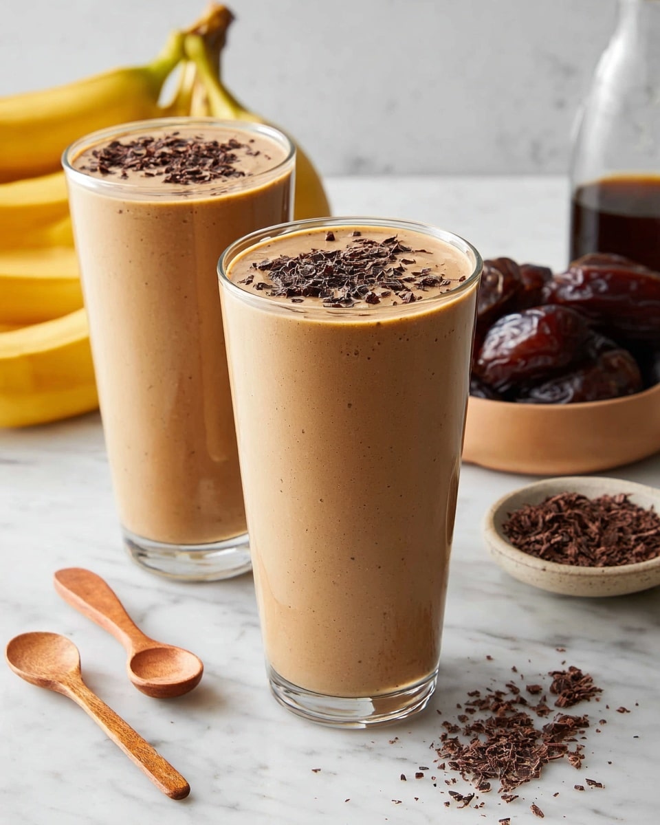 Two tall clear glasses filled with a smooth, creamy light brown smoothie topped with dark chocolate shavings. The smoothie texture is thick and even, filling the glasses close to the rim. Around the glasses, there are small piles of chocolate shavings scattered on a white marbled surface. In the background, there is a bunch of ripe bananas on the left, a brownish bowl with dates on the right, and a glass bottle with a dark liquid inside. Two small wooden spoons rest near the front left side. Photo taken with an iphone --ar 4:5 --v 7