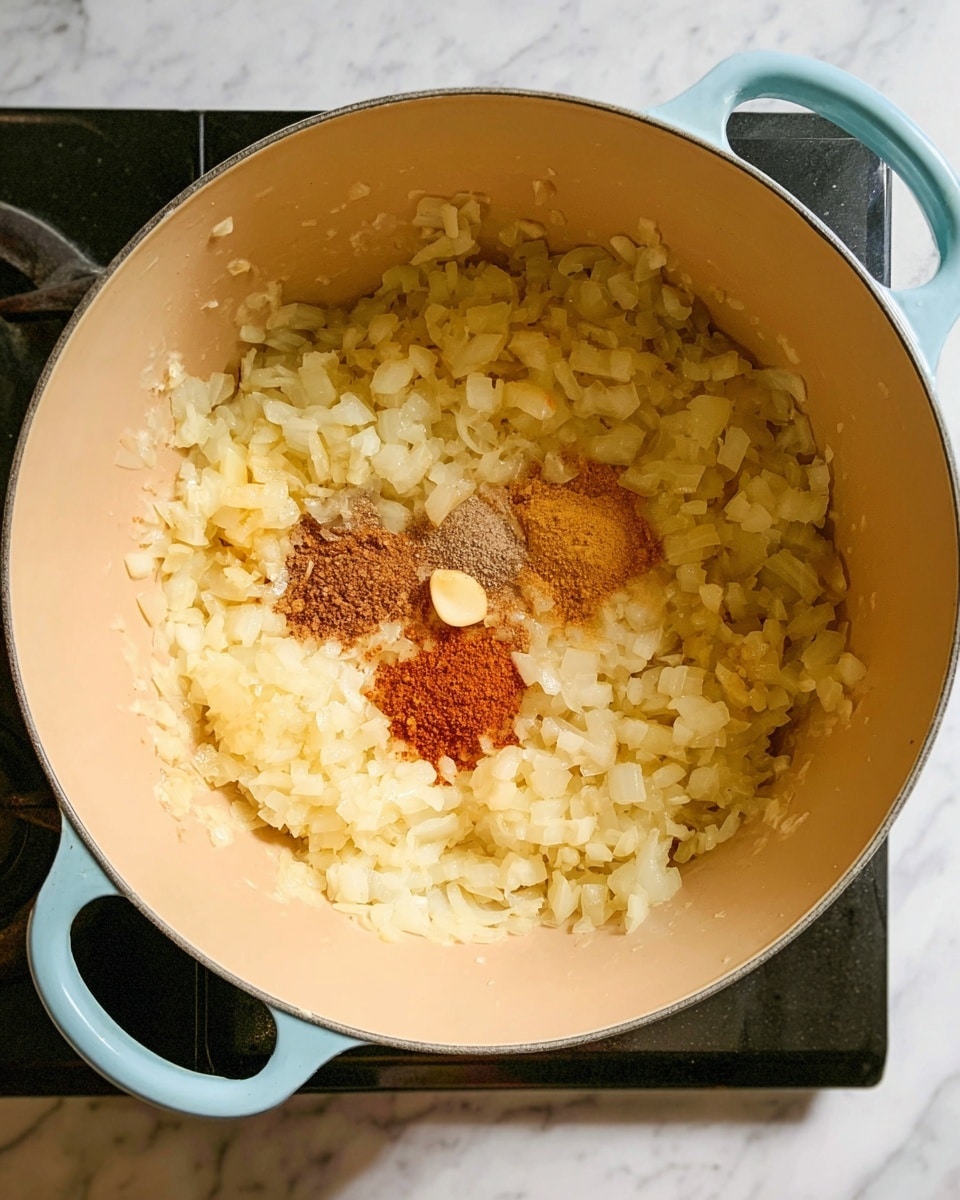 Inside a large light blue pot with a beige interior, there is a layer of soft cooked white onions mixed with small pieces of garlic and ginger, spread evenly across the bottom. On top of this, there are three small piles of spices: one light brown, one darker brown, and one reddish-orange, placed close together near the center. The pot sits on a black stove on a white marbled surface. The lighting shows subtle steam and soft textures of the softened onions and spices photo taken with an iphone --ar 4:5 --v 7