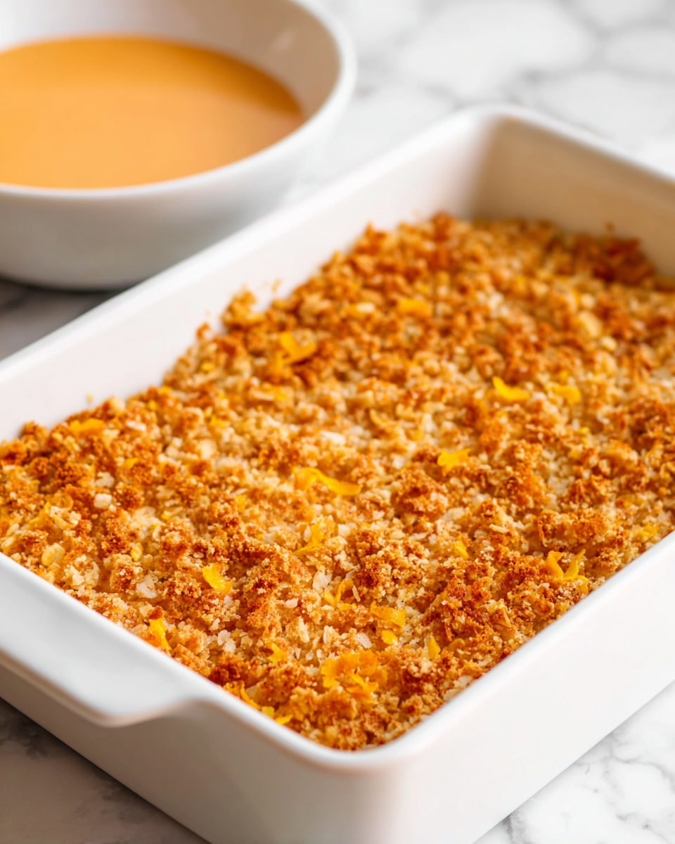 A white rectangular baking dish filled with a dish topped by a golden brown crumb layer, showing mixed crumbs and small thin yellowish pieces, likely cheese, spread evenly across the top. The surface beneath the dish is white with a marbled texture. In the background, a white bowl with a smooth, light orange creamy sauce is partially visible. The overall look is warm and inviting, with contrast between the textured topping and the smooth sauce. photo taken with an iphone --ar 4:5 --v 7