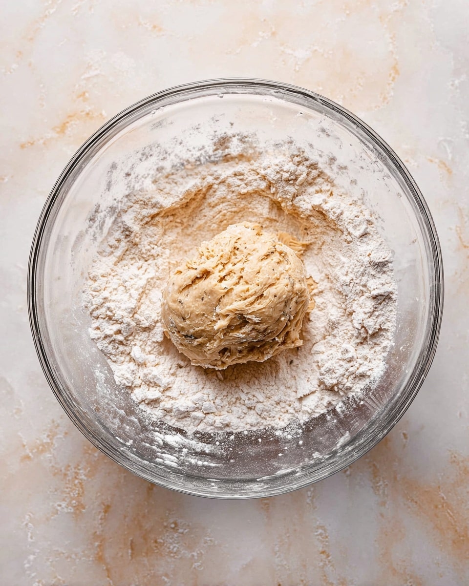 A clear glass bowl filled with a ball of light tan dough sitting in the middle, surrounded by a layer of loose white flour inside the bowl. The dough has a rough and sticky texture with small specks visible. The bowl is placed on a white marbled surface. Photo taken with an iphone --ar 4:5 --v 7