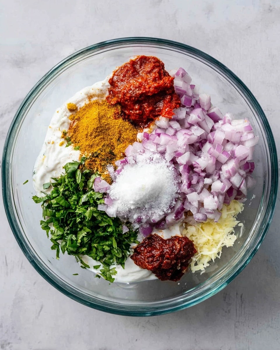A clear glass bowl sits on a white marbled surface, filled with a mix of colorful ingredients arranged in separate piles. There is a large portion of finely chopped red onions at the bottom, topped with a small mound of white salt. To the right, there are fresh green chopped herbs, and below them is a small scoop of dark red paste. On the top left, a bright red paste is placed near a golden-brown powder, both resting on a bed of creamy white yogurt. Some grated pale yellow ginger is scattered along the center. The mixture looks fresh and ready to be mixed. Photo taken with an iphone --ar 4:5 --v 7