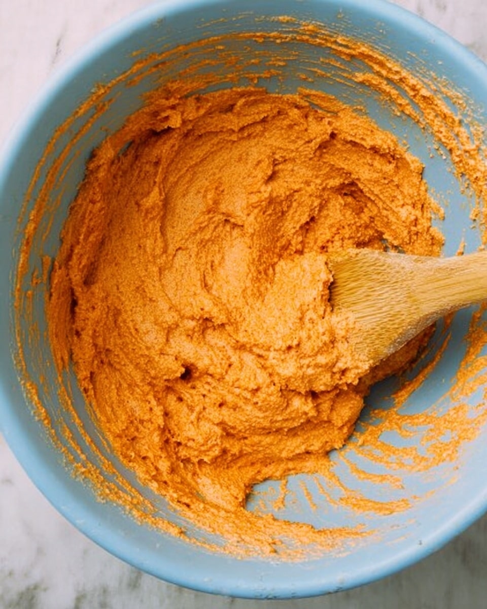 A close-up view of a light blue bowl filled with a thick, orange mixture with a slightly rough texture. A wooden spatula is partially submerged on the right side, blending the ingredients. The bowl shows some orange smears along the sides, indicating the mixing process, all set against a white marbled surface. Photo taken with an iphone --ar 4:5 --v 7
