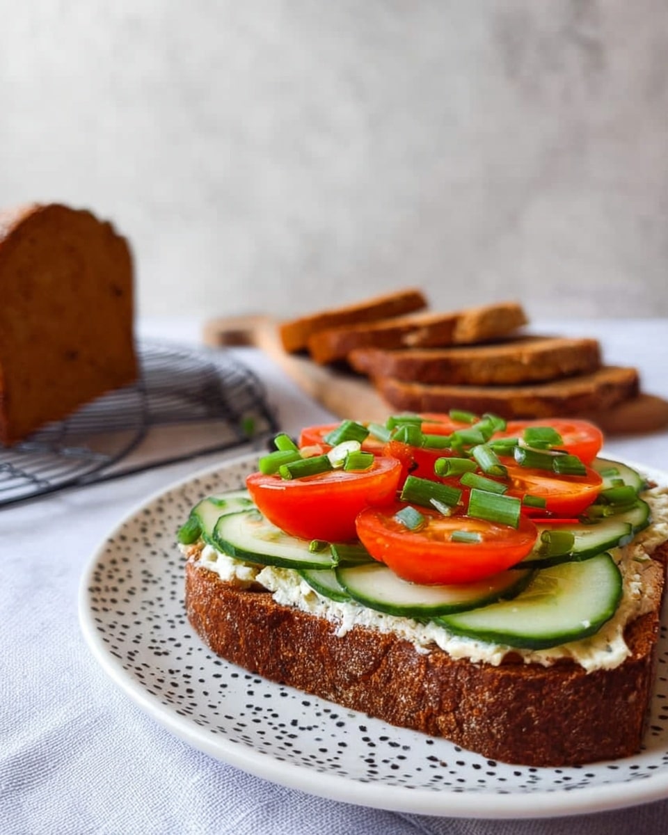 A thick slice of dark brown bread topped with a creamy white spread, followed by a layer of thin green cucumber slices, then topped with red tomato slices and sprinkled with chopped green onions. The open sandwich sits on a white plate with small black dots, placed on a white marbled texture surface. In the background, two more pieces of the same brown bread are visible, one whole loaf on a cooling rack and one sliced piece on a wooden board. Photo taken with an iphone --ar 4:5 --v 7