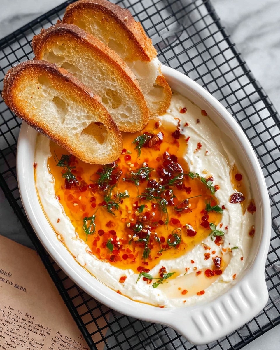 The image shows a white dish filled with a smooth, creamy white spread, likely cream cheese, evenly spread inside. On top, there is a glossy layer of orange-colored honey or syrup with red chili flakes and small green herb pieces scattered across it. Three golden brown toasted bread slices lean on the left side of the dish. The dish sits on a black wire rack over a white marbled surface, with a piece of printed paper partially visible near the bottom left corner. The colors and textures create a simple but pleasing contrast. photo taken with an iphone --ar 4:5 --v 7
