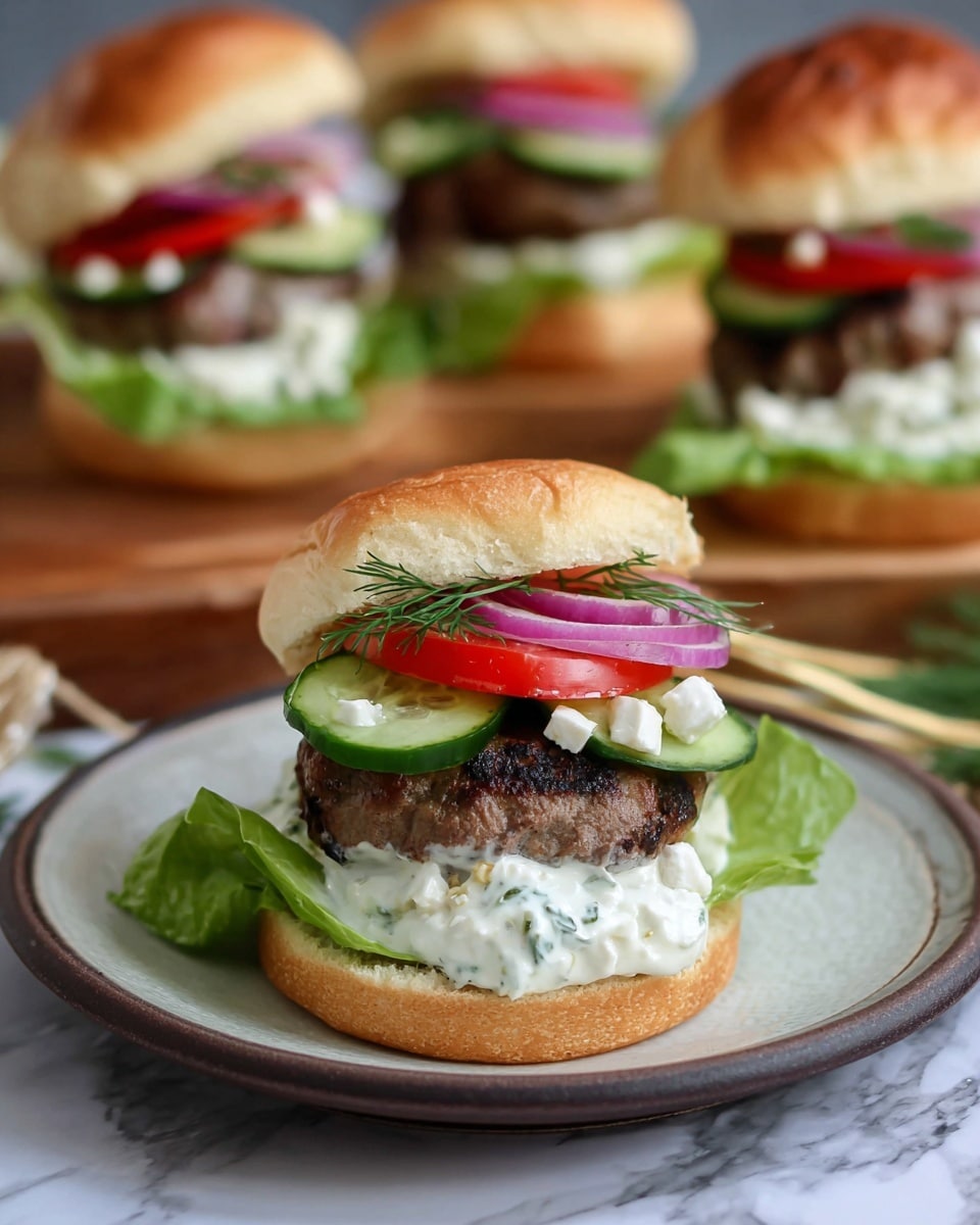 A close-up view of a small burger on a white plate with a dark rim, resting on a white marbled surface. The burger has five layers: the bottom soft bun in light golden brown, a fresh green lettuce leaf, a grilled beef patty with a slightly charred texture, a thick white creamy sauce with green herbs, and a slice of red tomato. On top of the tomato are thin green cucumber slices, thin rings of purple onion, small white cheese pieces, and a sprig of green dill. The top bun, slightly lifted, is light golden brown and soft. In the background, there are four more similar burgers on a wooden board. Photo taken with an iphone --ar 4:5 --v 7