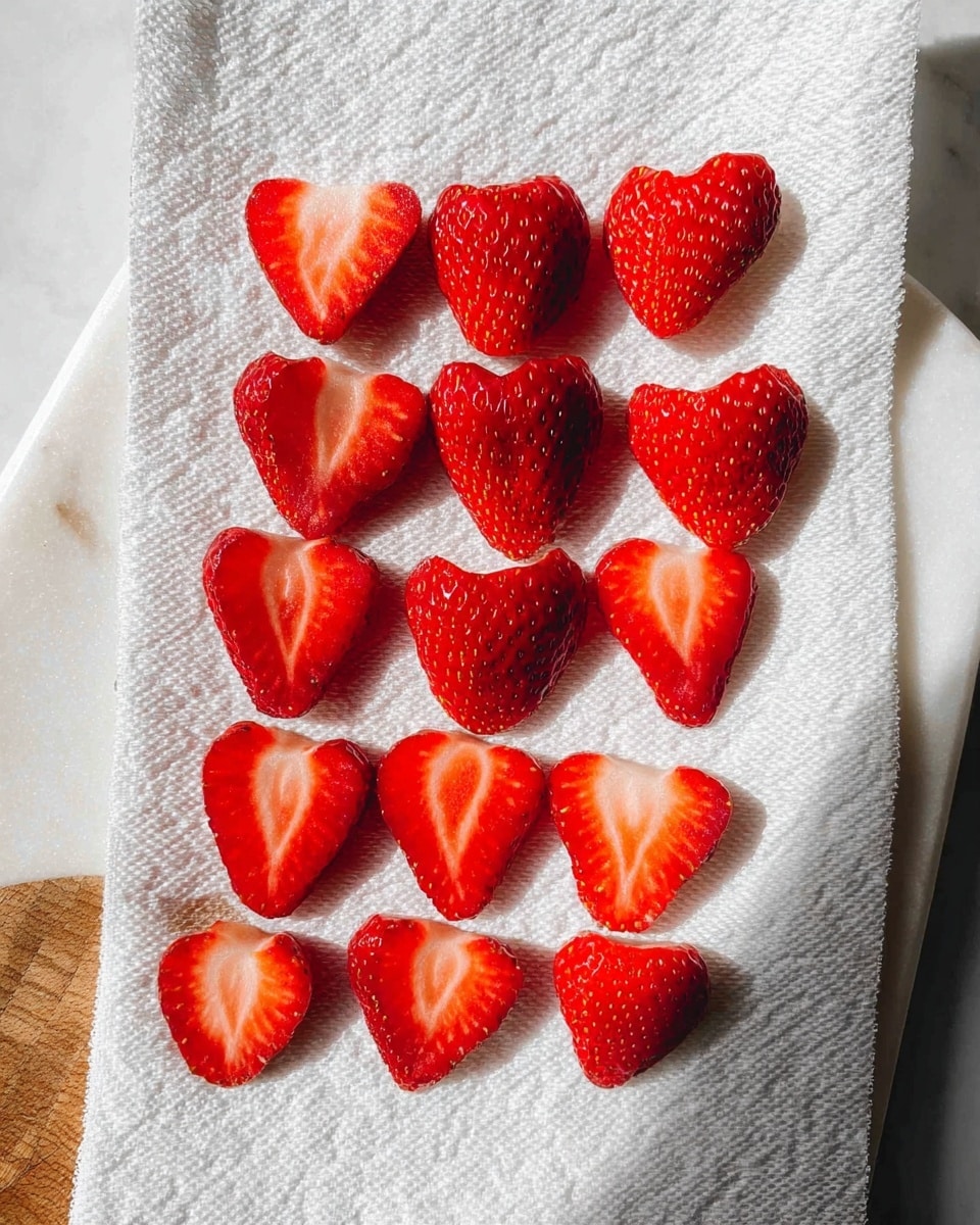 The image shows thirteen pieces of red strawberry slices arranged in three rows on a white textured cloth placed on a white marbled surface. The strawberries are fresh with visible seeds and a slightly glossy texture, each slice showing the triangular shape of the fruit with white inner cores. Below the cloth, a corner of a white marble board with a wooden edge is visible, with one more strawberry piece resting on it. The lighting creates soft shadows and highlights the vivid red color of the strawberries. photo taken with an iphone --ar 4:5 --v 7