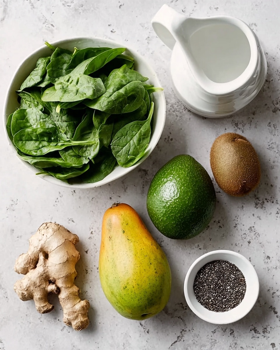 A white bowl filled with fresh green spinach leaves sits on a white marbled surface near a white pitcher of water. Around them are a large papaya with yellow and green skin, two fuzzy brown kiwis, a dark green avocado, a bright green lime, a small white bowl with black chia seeds, and a piece of fresh ginger root with a beige, rough texture. All items are neatly placed on the surface in a spaced, organized manner. Photo taken with an iphone --ar 4:5 --v 7