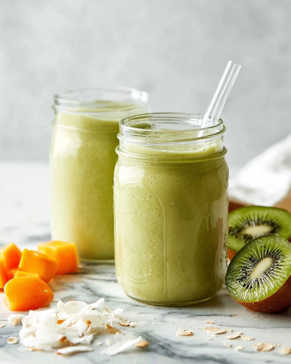 Two clear glass jars filled with a thick, pale green smoothie are placed on a white marbled surface. Each jar has a clear glass straw positioned inside, one leaning slightly to the right. Surrounding the jars are small pieces of white coconut flakes and chunks of bright orange fruit on the left side. On the right side, there are two halves of a kiwi showing their bright green flesh and black seeds. The background is softly blurred out with a white tone. Photo taken with an iphone --ar 4:5 --v 7