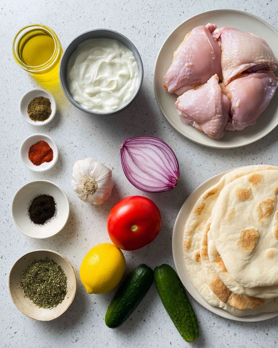 The image shows an arrangement of fresh ingredients on a white marbled surface. At the top right, there is a white plate with raw chicken thighs that have a pink, smooth texture with some light fat. Below it, a gray bowl is filled with a creamy, white yogurt or sauce that has a soft, thick texture. To the left, a white small dish contains five different spices grouped by color: red, black, green, brown, and pink. Above it, there is a small jar filled with golden olive oil. Below the spices, a white small bowl holds green dried herbs. Near the bottom left, a light beige plate has a whole red tomato, a half purple onion, several cloves of garlic, a bright yellow lemon, and a dark green cucumber, all with smooth and fresh textures. On the bottom right edge, there are two pieces of fluffy, golden brown pita bread with soft, uneven surfaces. Photo taken with an iphone --ar 4:5 --v 7