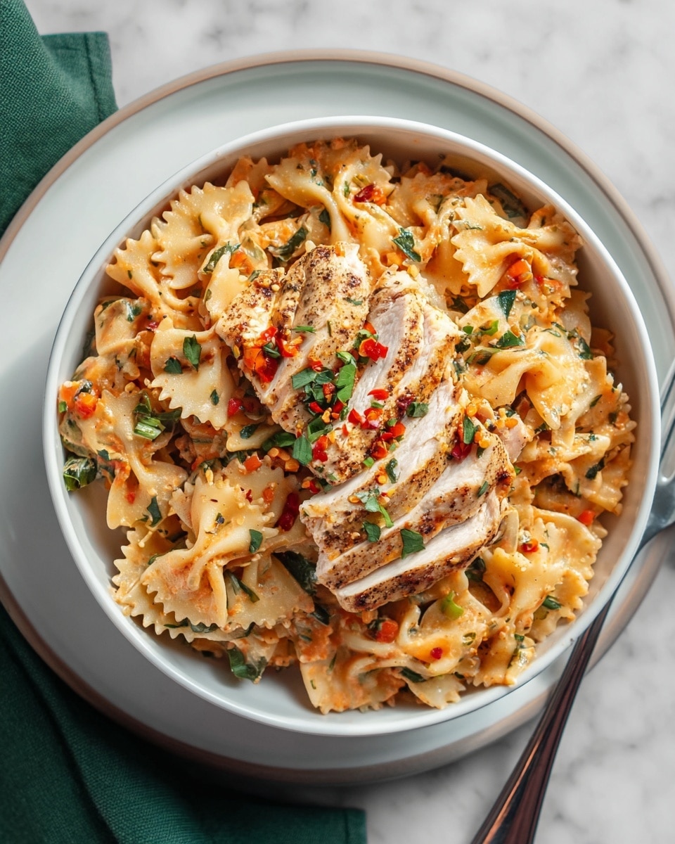A round white bowl sits on a white plate with a green cloth napkin and a silver fork on the side, all placed on a white marbled surface. Inside the bowl is a dish of creamy orange-colored farfalle pasta mixed with small bits of vegetables. On top are layers of sliced cooked chicken with a light brown seared surface. The pasta is sprinkled with finely chopped green herbs and some red chili flakes, adding splashes of green and red over the dish. Photo taken with an iphone --ar 4:5 --v 7