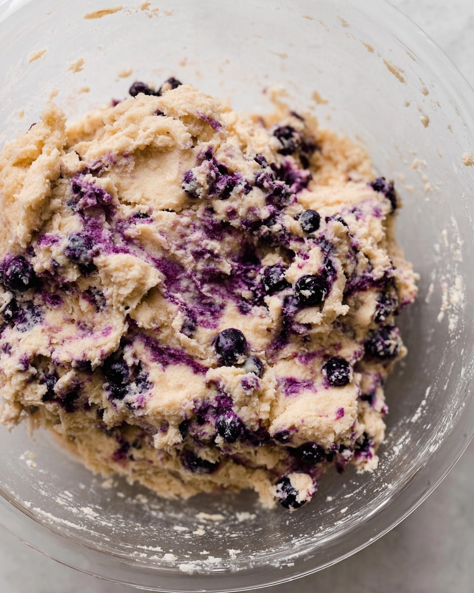 Inside a clear mixing bowl, there is a thick dough mixed with whole blueberries. The dough is light beige with soft, crumbly texture, and the blueberries create dark purple spots and streaks all through it. The dough is unevenly mixed, showing pockets of cream color and purple swirls from the blueberries. The white marbled surface is faintly visible through the transparent bowl. photo taken with an iphone --ar 4:5 --v 7