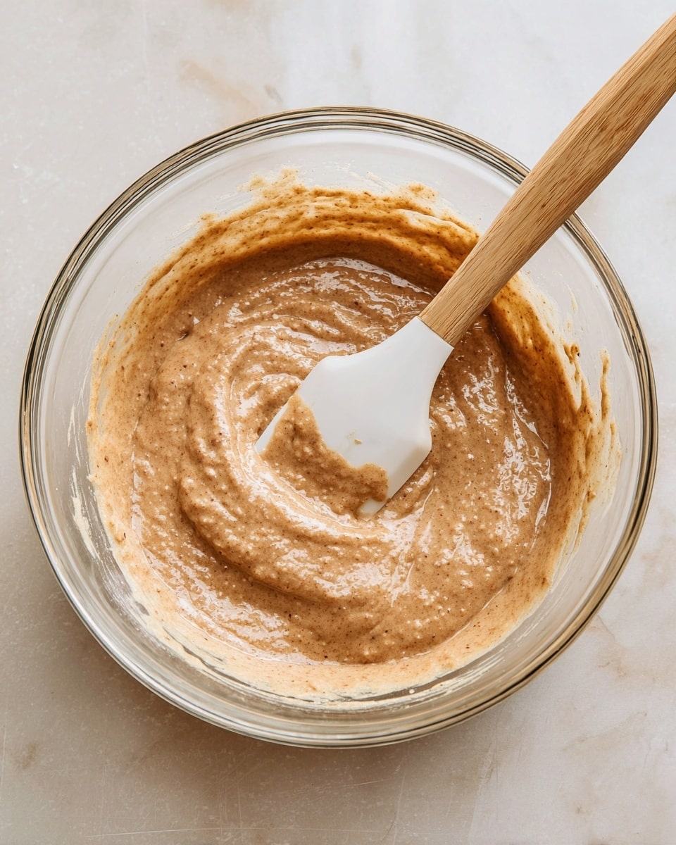 A clear glass bowl filled with thick, light brown batter with a slightly grainy texture and small darker specks throughout it. A white spatula with wooden handle is partially submerged in the batter, showing some batter clinging to its flexible tip. The bowl sits on a white marbled surface. Photo taken with an iphone --ar 4:5 --v 7