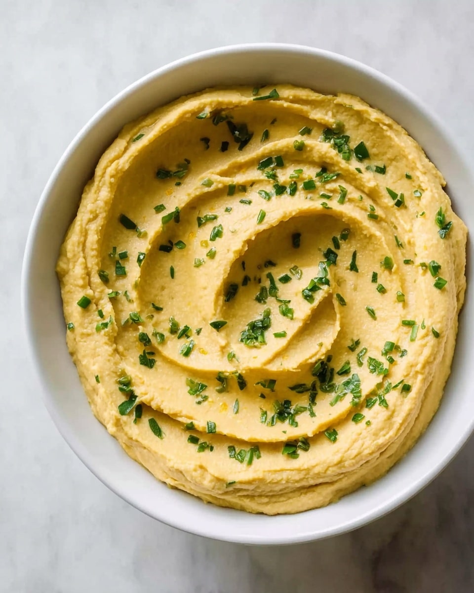 A white bowl filled with smooth, creamy hummus that has a light yellow color, swirled in a circular pattern with soft ridges. Small, chopped green herbs are sprinkled evenly over the top, adding a fresh contrast in color. The hummus has a slight glossy shine, showing a smooth texture. The bowl is placed on a white marbled surface. photo taken with an iphone --ar 4:5 --v 7