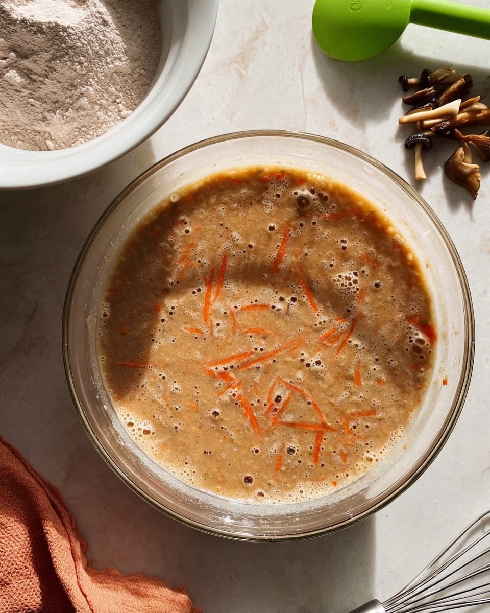 A clear glass bowl on a white marbled surface holds a light brown, slightly frothy batter with visible small orange carrot strips mixed inside. The batter is thick with small bubbles scattered across the surface. Around the bowl, there is a white bowl partially filled with flour and cocoa powder, a green spatula, a metal whisk, and some dried mushrooms to the top right corner. Sunlight brightens the setting, casting soft shadows. Photo taken with an iphone --ar 4:5 --v 7
