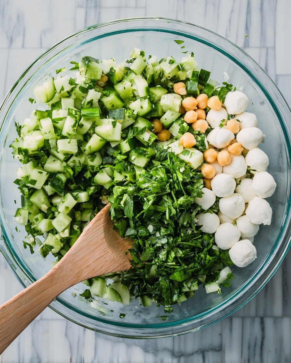 A clear glass bowl holds a fresh salad with several layers of ingredients: bright green chopped cucumbers and green herbs cover most of the bowl, small white mozzarella balls rest on the right side, and a few round yellow chickpeas sit near the center. A wooden spoon is placed inside the bowl among the ingredients. The bowl is set on a white marbled surface. Photo taken with an iphone --ar 4:5 --v 7