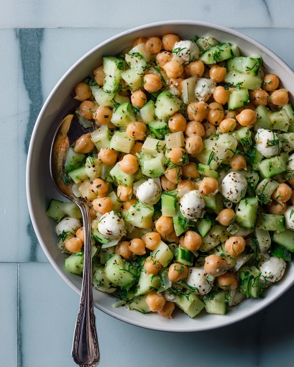 A close-up view of a bowl filled with a fresh salad made of three main layers mixed together: round light orange chickpeas, small white cheese balls, and chopped green cucumber pieces, all speckled with tiny black pepper seeds and herbs. The bowl is white, holding the colorful mix of the salad, with a large silver spoon resting inside on the left side. The salad sits on a white marbled surface with soft, natural light enhancing the fresh colors. Photo taken with an iphone --ar 4:5 --v 7