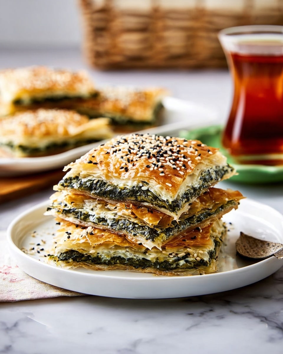 A white plate stacked with four square layers of golden-brown pastry, each layer showing a dark green spinach filling visibly sandwiched between thin, crispy sheets. The top layer is sprinkled with white and black sesame seeds, adding texture and contrast. The plate rests on a white marbled surface with a blurred basket in the background and a glass of amber-colored tea with a spoon inside, placed on a green dish to the right. photo taken with an iphone --ar 4:5 --v 7