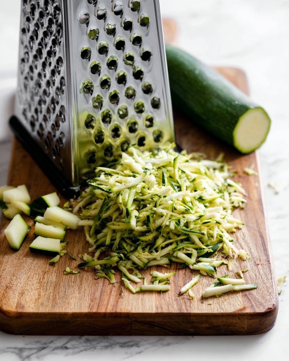 The image shows a wooden cutting board on a white marbled surface with a metal box grater standing on its side. In front of the grater is a pile of shredded green zucchini with white inner parts mixed in. Behind the shredded zucchini, part of a zucchini with its end grated away leans against the grater. Small zucchini pieces are scattered around the board. The scene is well-lit. photo taken with an iphone --ar 4:5 --v 7