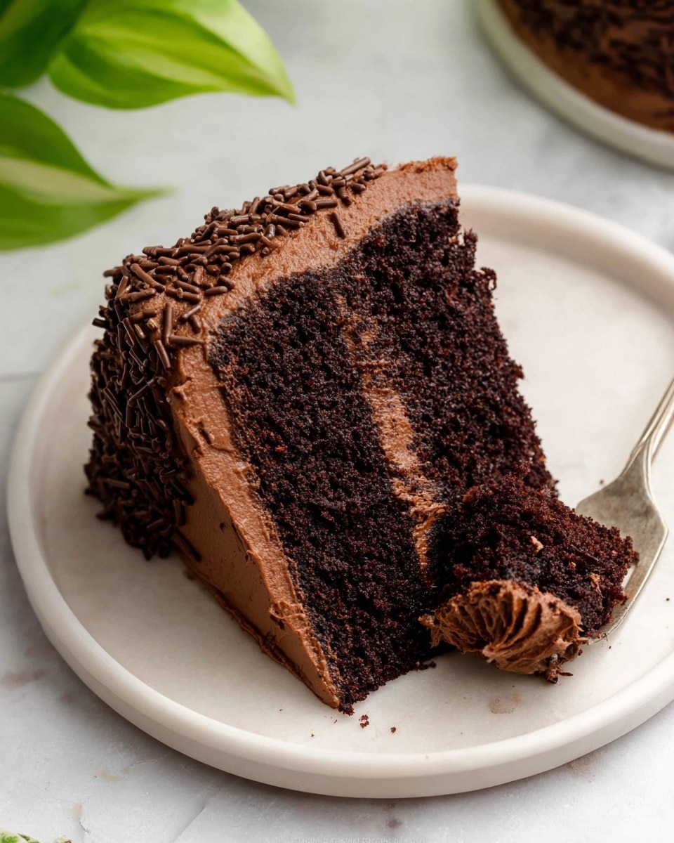 A slice of chocolate cake with two thick dark brown layers sits on a white plate with a white marbled texture underneath. Between the layers, there is a smooth medium brown chocolate frosting. The outside of the cake is fully covered in the same chocolate frosting, which is spread thickly with soft, wavy texture and decorated with chocolate sprinkles on top. A silver fork holds a small bite of the cake near the upper right edge of the slice. Part of a green leaf plant is visible in the top left corner. Photo taken with an iphone --ar 4:5 --v 7