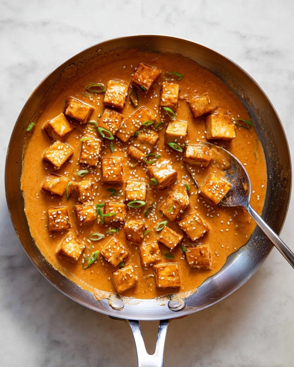 A shiny silver pan contains many small golden-brown tofu cubes in a thick, creamy orange sauce that covers the whole base of the pan. The tofu pieces are well coated in the sauce and scattered with small green onion slices and white sesame seeds. A silver spoon rests on the right side of the pan, partially submerged in the sauce and tofu. The pan is placed on a white marbled surface. photo taken with an iphone --ar 4:5 --v 7