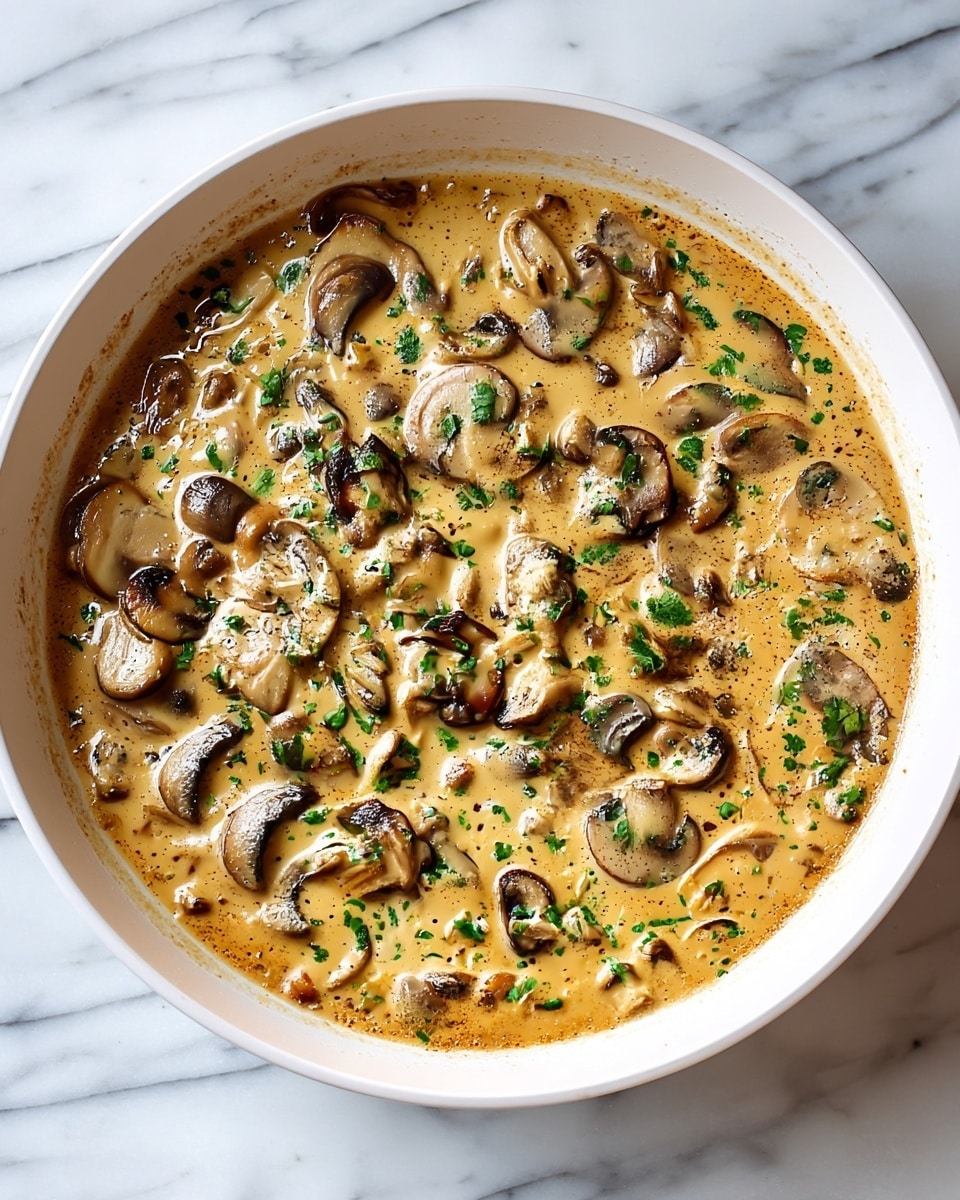 A white pan filled with creamy mushroom sauce, showing about two layers: the base creamy sauce is light brown with a smooth texture, and scattered throughout are medium brown cooked mushroom slices with soft edges. The sauce is evenly mixed with finely chopped green herbs sprinkled on top. The pan sits on a white marbled surface. photo taken with an iphone --ar 4:5 --v 7