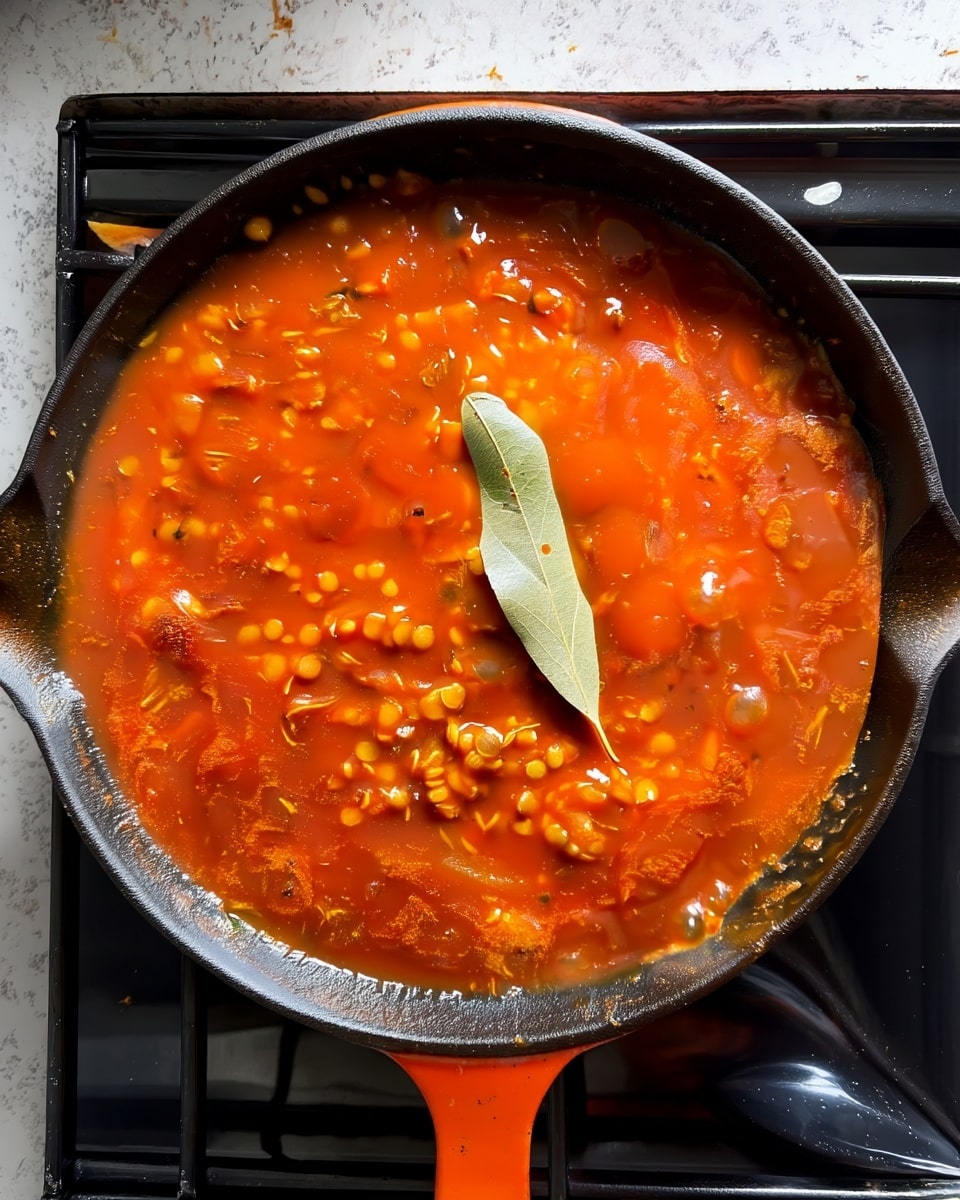The image shows a cooking skillet filled with a sauce that has a bright orange-red color and a thick, slightly bubbly texture. Inside the sauce, there are visible small yellow lentils scattered throughout, adding texture and depth. In the center of the skillet, on top of the sauce, there is a single whole bay leaf lying flat. The skillet is black with an orange handle and is set on a cooking stove. The background is changed to a white marbled texture. Photo taken with an iphone --ar 4:5 --v 7