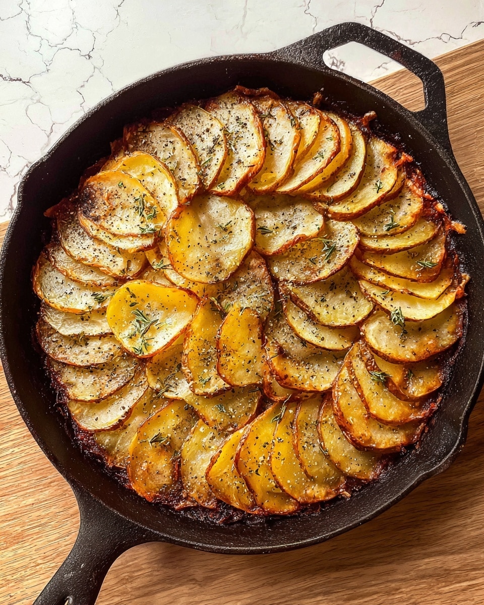 A black cast iron skillet holds one layer of golden-brown roasted potato slices arranged in a circular pattern. Each potato slice is thin, slightly crisp around the edges, and seasoned with scattered green herbs and black pepper. The skillet is placed on a wooden surface with a white marbled texture visible in the background. photo taken with an iphone --ar 4:5 --v 7