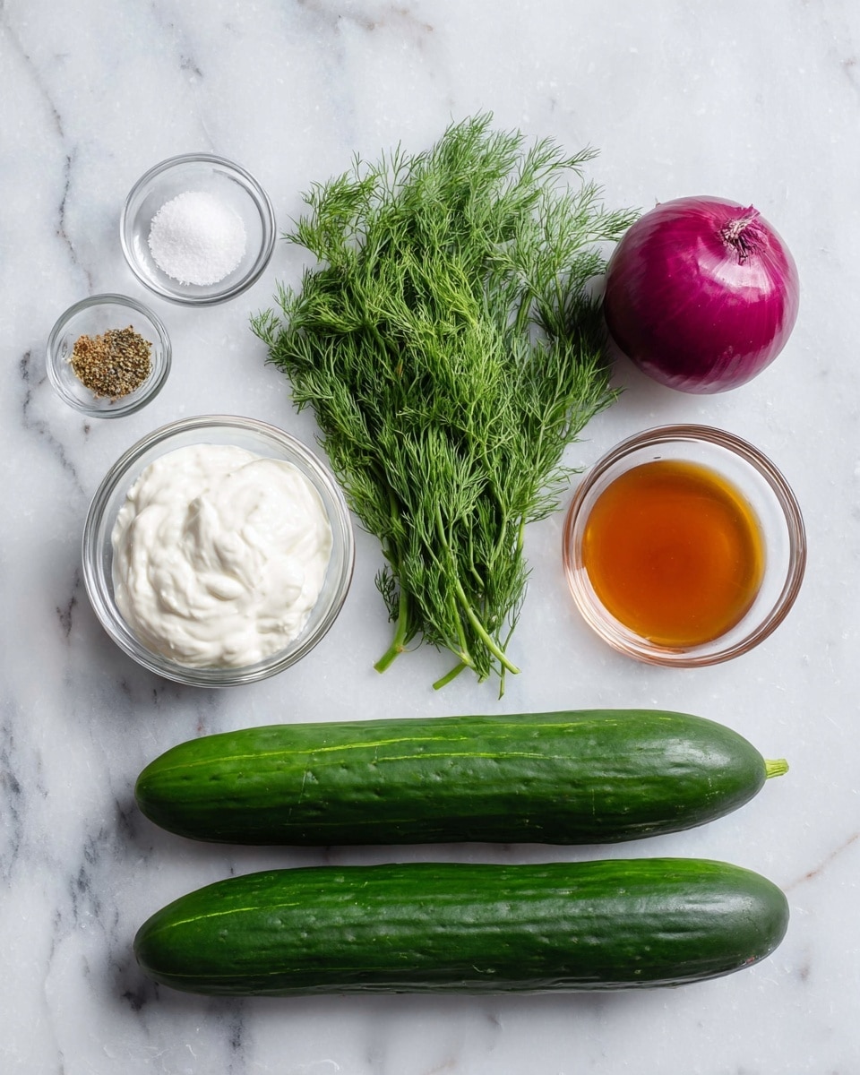 The image shows fresh ingredients arranged neatly on a white marbled surface. There are two long, dark green cucumbers placed horizontally at the bottom. Above them, a bunch of bright green dill lies in the center. To the right of the dill is a small clear bowl filled with thick white yogurt, next to it is another clear bowl with amber-colored liquid. On the top right, there is a whole purple red onion. To the upper left side, there are two small clear bowls, one with coarse salt and spices and the other with fine salt. The color contrast of green, white, purple, and amber stands out on the white marbled surface. photo taken with an iphone --ar 4:5 --v 7