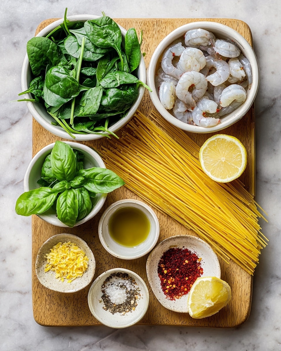 The image shows a wooden tray on a white marbled surface with several fresh ingredients arranged neatly. On the top left, there is a white bowl filled with bright green spinach leaves, while on the top right, another white bowl holds raw, white and gray shrimp. Below the shrimp, uncooked yellow spaghetti sticks lie flat across the tray. To the left of the spaghetti, a small white bowl contains fresh green basil leaves. Around the tray, there are small dishes with various seasonings: a tan dish with yellow lemon zest, a small speckled bowl with bright red chili powder, a white bowl with golden olive oil, a light brown bowl filled with finely chopped garlic, another small bowl containing red pepper flakes, and finally a dish with a sliced lemon half showing its pale yellow inner flesh. The colors contrast well, with fresh greens, vibrant reds, pale yellow, and the clean white bowls. photo taken with an iphone --ar 4:5 --v 7