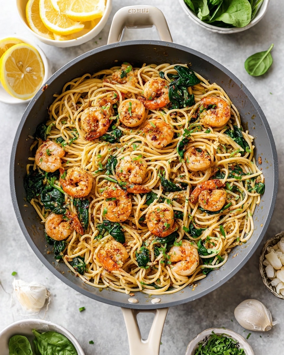 A large gray pan filled with cooked spaghetti noodles tangled with small, bright green spinach leaves; on top are evenly spread, plump orange shrimp with a light char and seasoning, sprinkled with chopped fresh basil. Around the pan, there are white bowls containing halved yellow lemons, fresh whole spinach leaves, garlic cloves, and scattered chopped basil on a white marbled surface. The scene is bright and clean. photo taken with an iphone --ar 4:5 --v 7