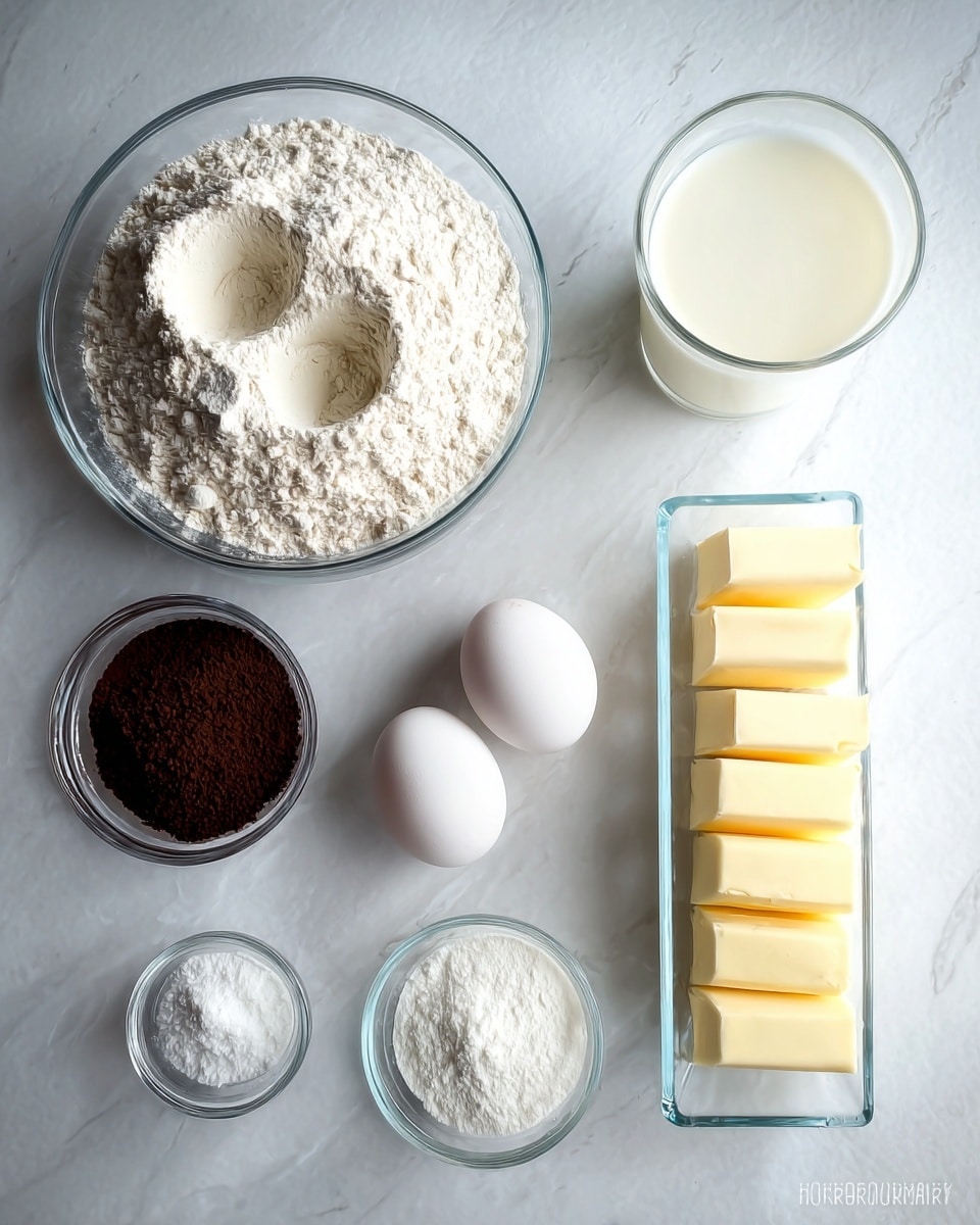 A collection of baking ingredients arranged neatly on a white marbled surface includes a large clear glass bowl of white flour with two indentations on the top, a medium clear glass of water, a taller clear glass filled with milk, two white eggs placed side by side in the center, a small clear glass container filled with dark cocoa powder, a small clear bowl of white powder (likely baking powder), a medium clear glass of white granulated sugar, and a clear rectangular glass dish holding several slices of pale yellow butter aligned in a row, all displayed in an organized layout with soft daylight, photo taken with an iphone --ar 4:5 --v 7