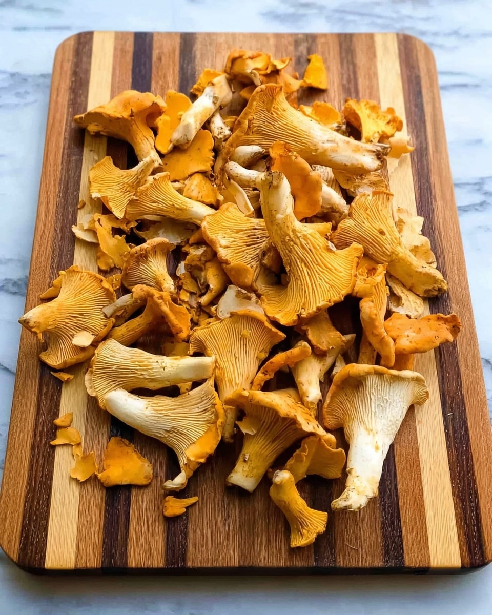 A wooden cutting board with light and dark wood stripes holds many yellow-orange chanterelle mushrooms that are sliced into uneven pieces, showing their textured, wavy caps and thick white stems, placed on a white marbled surface. photo taken with an iphone --ar 4:5 --v 7
