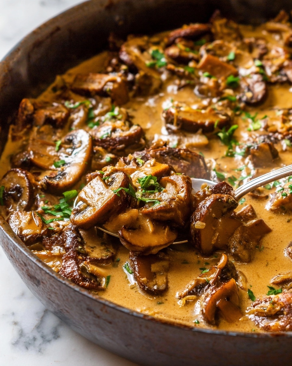 The image shows a close-up of a pan filled with several layers of cooked mushrooms in a thick, light brown sauce. The mushrooms are dark golden brown with slightly crispy edges and soft textures. Small bits of green herbs are scattered on top, adding a touch of color. A silver spoon rests inside the pan, partially lifting some mushrooms and sauce. The pan’s edge is dark and rustic, contrasting with the creamy sauce. The background is a white marbled texture photo taken with an iphone --ar 4:5 --v 7