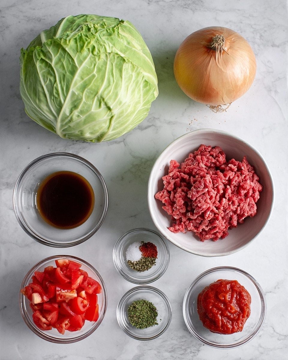 The image shows fresh ingredients laid out on a white marbled surface. On the top left, there is a whole green cabbage with smooth, layered leaves, and to its right, a round onion with dry golden-brown skin sits close by. Below the cabbage, a clear white bowl holds raw ground beef, its texture soft and finely minced, displaying a rich red color. Below the onion, another clear bowl contains a dark brown liquid sauce. There are small clear bowls aligned around, filled with dried green herbs, crushed red pepper flakes, coarse salt, and a rounded scoop of thick red tomato paste. At the bottom left, a larger clear bowl holds fresh chopped tomatoes, showing varying shades of red with juicy, uneven pieces. All items are neatly arranged with clear visibility, emphasizing the natural colors and textures of the ingredients. photo taken with an iphone --ar 4:5 --v 7