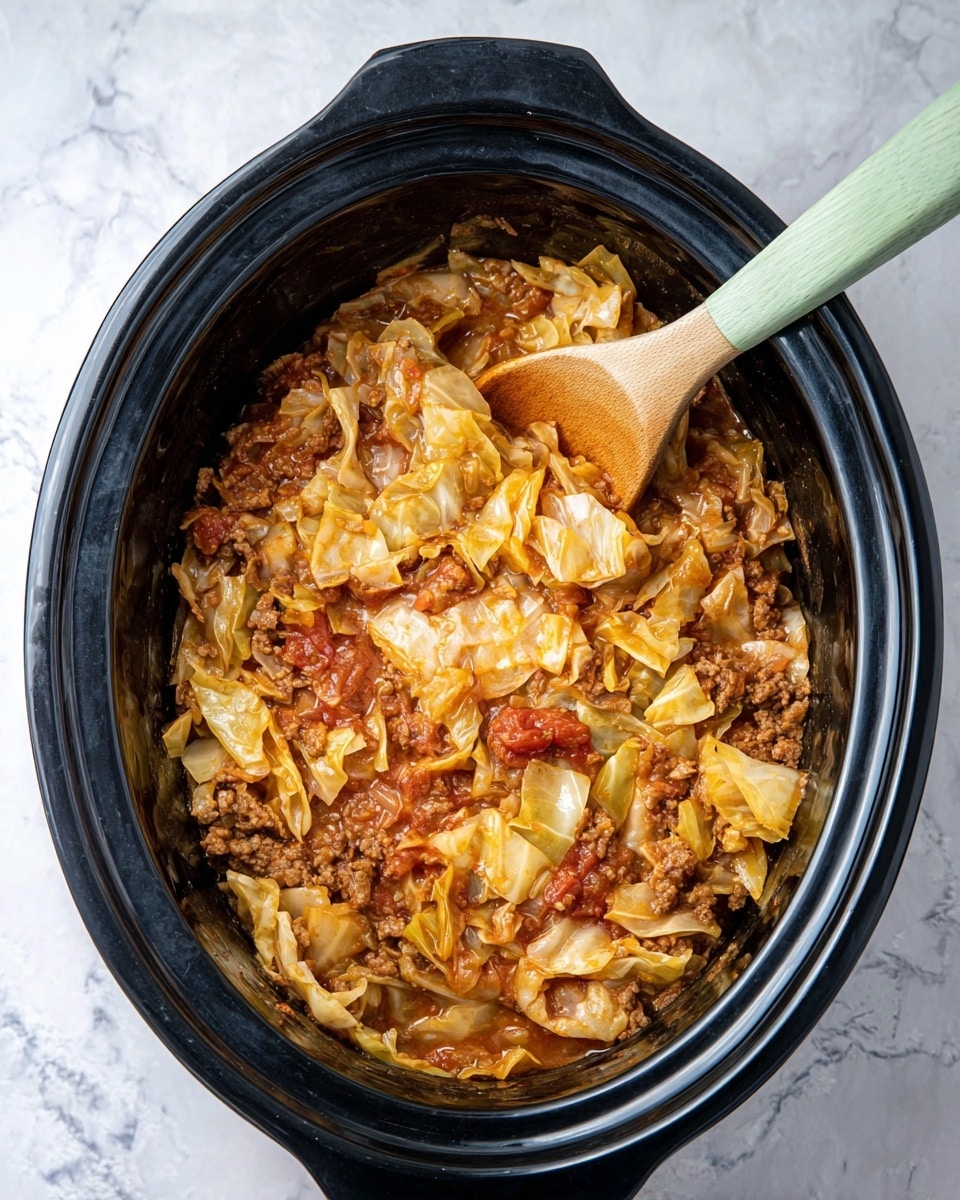 The dish is a single-layer stew served inside a black slow cooker, filled with chopped cabbage and browned meat. The cabbage pieces are pale yellow with soft, slightly translucent edges, mixed with small brown meat chunks and a light red tomato sauce that gives a slightly glossy look. A wooden spoon with a pastel green handle rests inside the cooker, partly submerged in the stew. The surrounding surface is a white marbled texture. photo taken with an iphone --ar 4:5 --v 7
