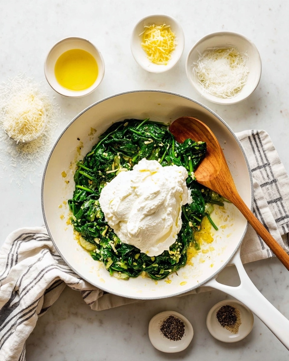 The image shows a white pan on a white marbled surface filled with three main layers: at the bottom, cooked spinach with a wilted but bright green color mixed with some minced garlic or onion pieces in a light oil that glistens; on top of the green layer, there is a large dollop of soft, white cream or ricotta cheese with a smooth and slightly fluffy texture; a wooden spoon is placed under the cheese, hinting at stirring. Around the pan, there are small white bowls holding grated cheese, lemon zest, melted butter, and cracked black pepper, all arranged neatly to the right and top left of the pan. A striped cloth is near one handle of the pan. photo taken with an iphone --ar 4:5 --v 7