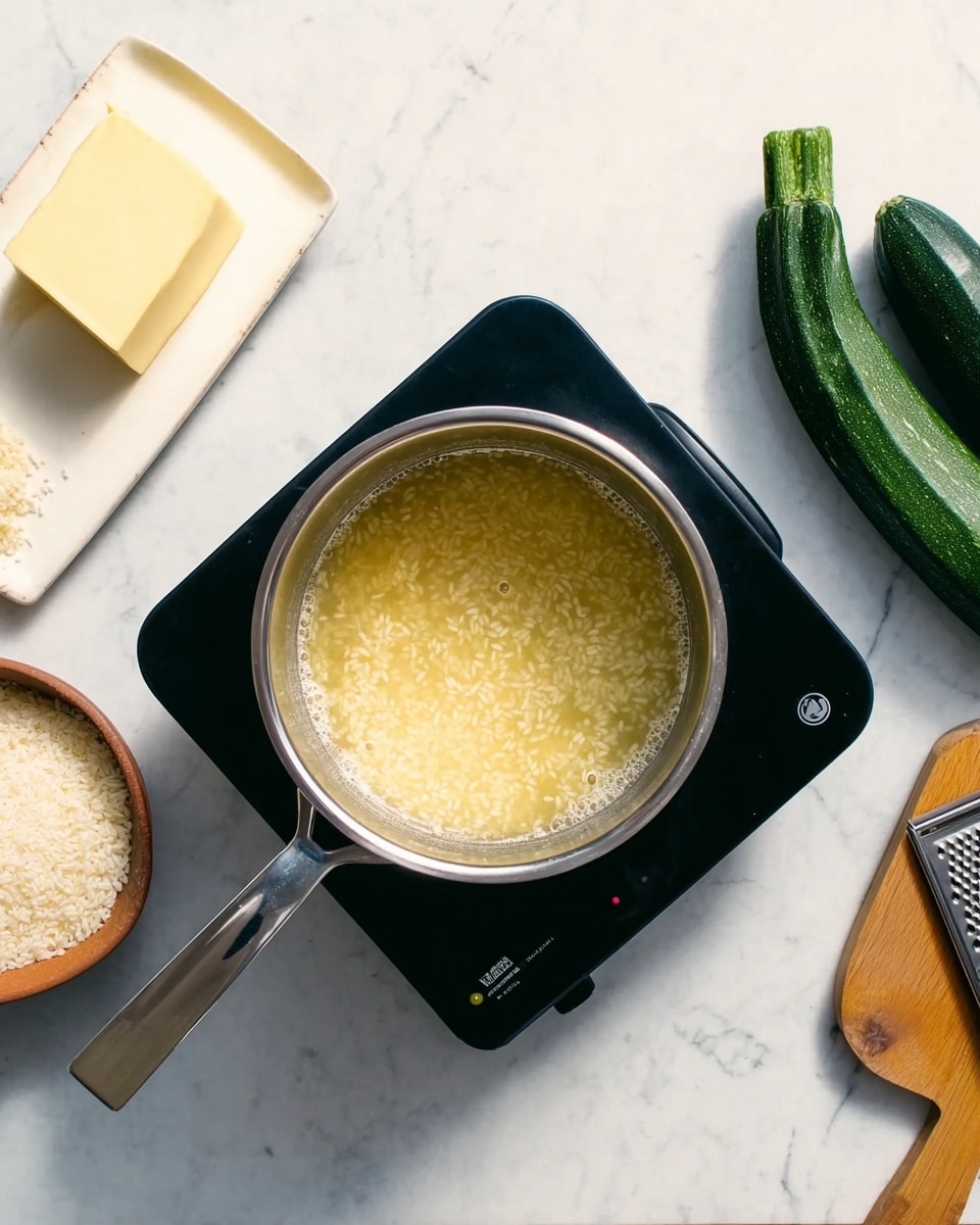 A silver pot sits on a black heating element on a white marbled surface, filled halfway with yellowish water and white rice grains visible in the mixture. To the left of the pot, there is a white rectangular plate holding a stick of pale yellow butter and a small round clay bowl filled with uncooked white rice. On the right side, two dark green zucchinis rest next to a wooden cutting board and a metal grater with some grated zucchini on it. The scene shows a simple cooking setup with clear, bright lighting. photo taken with an iphone --ar 4:5 --v 7