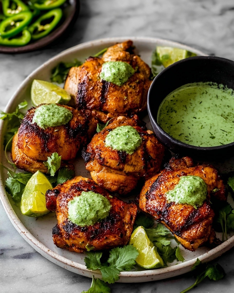 Peruvian Chicken with Cilantro Green Sauce Recipe 5 A round white plate holds six golden-brown grilled chicken pieces with a slightly shiny, crispy texture. Each piece has a dollop of green herb sauce on top. Around the chicken, there are bright green cilantro leaves and lime wedges adding fresh colors. On the right side of the plate, a small black bowl contains more of the green sauce. In the background, sliced green peppers are visible on a small dish above. The plate sits on a white marbled surface. photo taken with an iphone --ar 4:5 --v 7