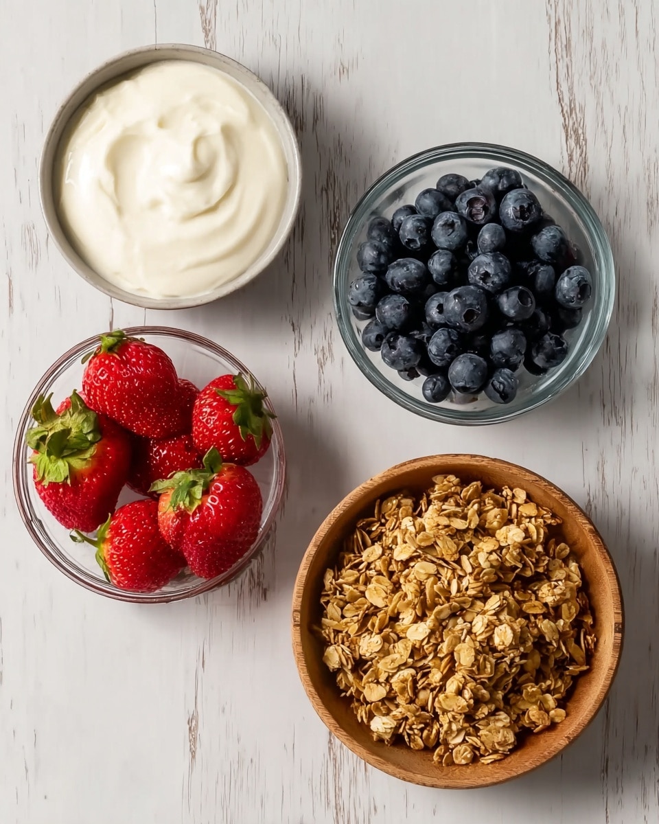 The image shows four bowls on a white marbled surface. The first bowl, light gray, contains smooth, creamy white yogurt with a soft texture. Next to it is a small clear glass bowl filled with fresh dark blue blueberries, with a round shape and slightly shiny surface. Below this, another clear glass bowl holds bright red strawberries with small green leaves on top, and a smooth, shiny texture. To the right, a round wooden bowl is filled with golden-brown crunchy granola, visible with small nut pieces and oat clusters. photo taken with an iphone --ar 4:5 --v 7