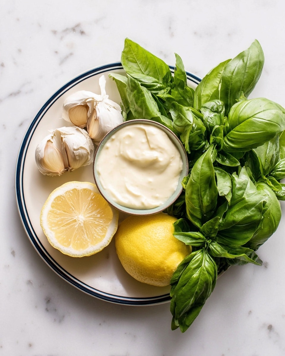 A white plate with a thin dark blue rim holds four garlic cloves on the left, below them a half yellow lemon with a fresh texture, and a small bowl full of creamy white sauce positioned slightly below center. On the right, there is a bunch of deep green basil leaves spread all over, with some leaves overlapping the bowl. The plate sits on a white marbled surface. photo taken with an iphone --ar 4:5 --v 7