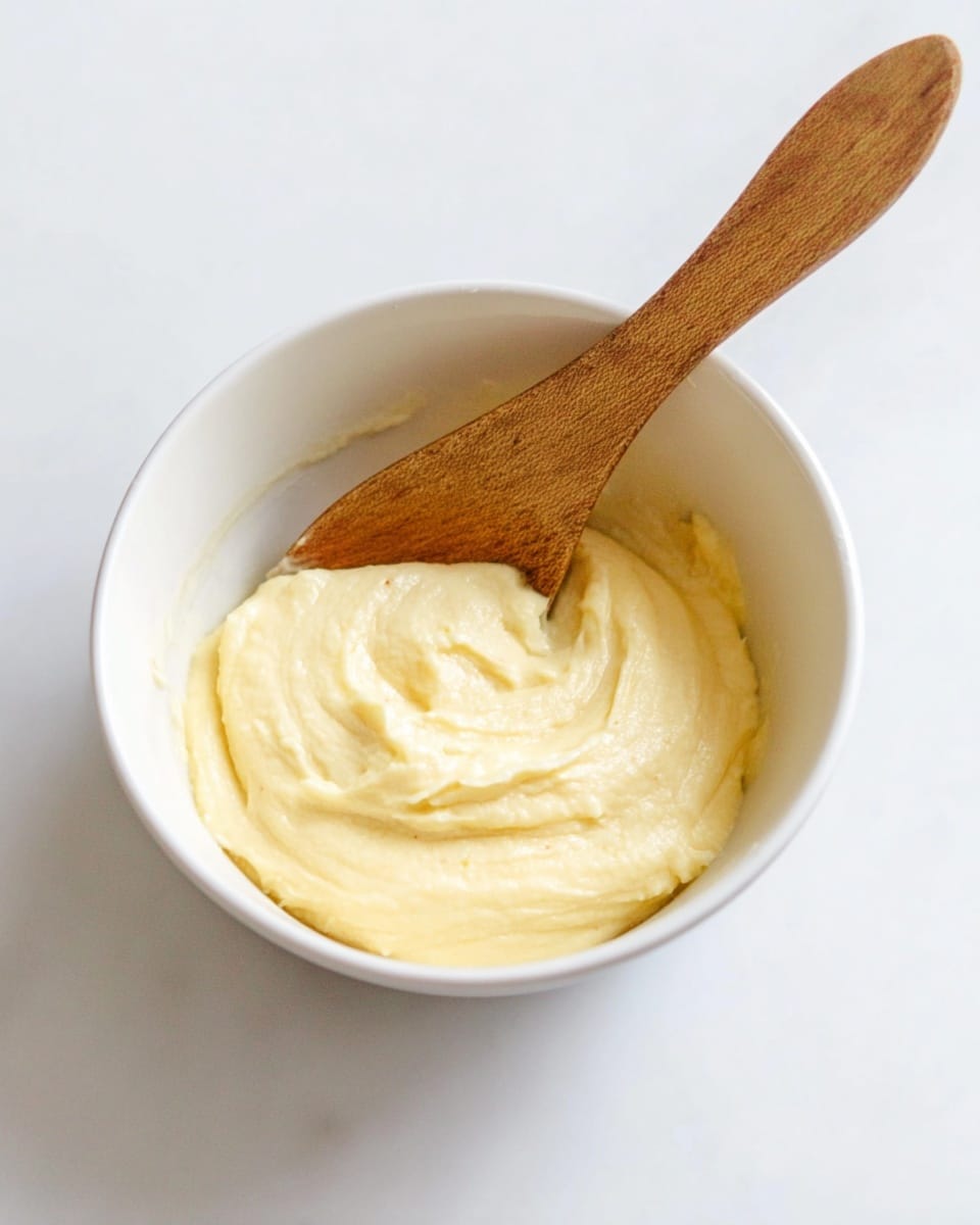 A close-up view of a small white bowl filled with a creamy, light yellow mixture that has a smooth, soft texture with slight peaks and swirls on the surface. Inside the bowl, a wooden spoon rests with its handle leaning outward, showing the natural grain and texture of the wood. The bowl sits on a white marbled surface, enhancing the clean and simple look. photo taken with an iphone --ar 4:5 --v 7