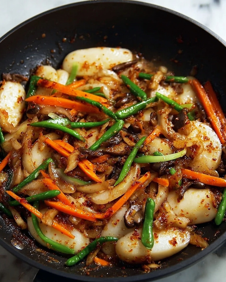 The image shows a black pan filled with a colorful stir-fry dish. The bottom layer consists of shiny white rice cake pieces that are smooth and slightly curved. Mixed in are thin strips of bright orange carrot and green chili peppers, adding fresh and vivid colors on top of the rice cakes. There are also dark brown, soft-looking slices of mushroom and bits of cooked onion that are translucent, spread throughout the pan. The whole dish looks glossy with a sauce that gives a slight shine. The background is a white marbled texture. photo taken with an iphone --ar 4:5 --v 7